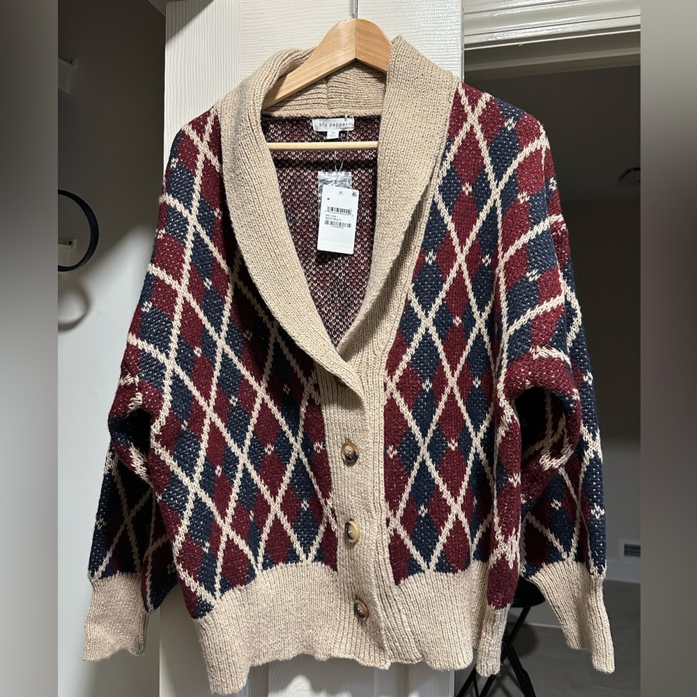 Blu Pepper Beige and Navy Argyle Cardigan - Picture 5 of 5